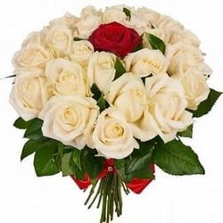 №18.......букет Легенда...... (белые розы 24шт,красная роза 1шт,лента атласная красная.4500р)