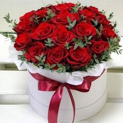 №217....... Версаль.......(красные розы 19шт,зелень самшит 3шт,коробка круглая белая,лента атласная красная.4300р)
