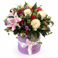 №228....... Ванда......белые розы 3шт,розы кустовые красные 3шт,альстромерия фиолетовая 3шт,лилия розовая 1шт,зелень,круглая коробка фиолет,лента розовая.3500р)